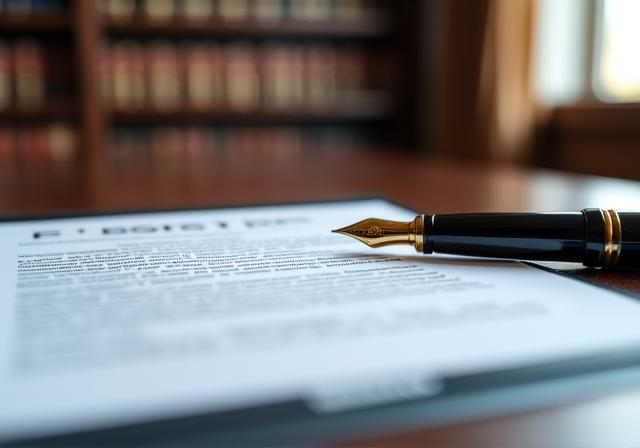 Close-up of a legal contract with a luxury fountain pen on a mahogany desk