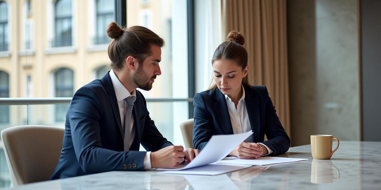 Two professionals in a modern London office reviewing a document with gold accents