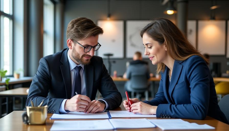 Two startup founders discussing legal documents in a modern London office